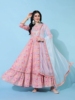 印度进口民族风连衣裙纯棉刺绣，七分袖圆领，a字印花长裙含披肩粉色