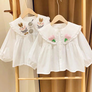女童小兔子衬衫2023秋童装儿童白色衬衣娃娃领上衣宝宝娃娃衫