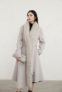 白色澳洲加厚羊毛长款外套修身系腰带显瘦狐狸皮草领长款羊毛大衣
