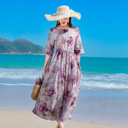 紫色系原创苎麻，女装大摆型圆领连衣裙春季2024年仙女蓬蓬裙
