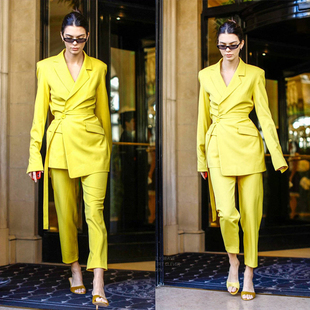 春秋Kendall肯豆同款黄色腰带收腰修身小西装外套+长裤两件套装