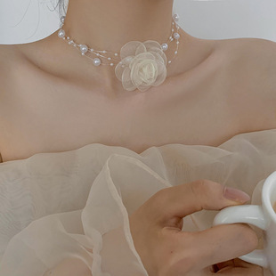 choker脖子配饰浪漫性感多层珍珠，项链女花朵，锁骨链小众设计感颈链