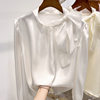 2023韩国气质纯色立领欧根纱，系带钉珠套头长袖，雪纺衬衫女春季