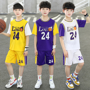 儿童篮球服短袖运动套装男孩速干衣，男童小学生湖人科比24号篮球衣