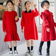 女童毛衣裙(毛衣裙)秋冬红色，连衣裙针织毛线，公主礼服裙大童亲子装圣诞洋气