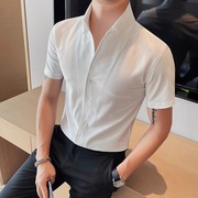 法式大领白色衬衫男士短袖夏季冰丝无痕薄款高端商务宽松休闲衬衣