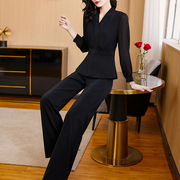 美妃雅2024春季黑色长袖气质套装女时尚阔腿裤长裤时髦两件套