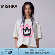 MISHKA美式复古潮牌夏季短袖T恤女大版宽松上衣白色纯棉oversize