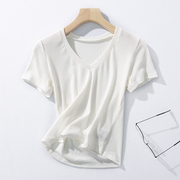 e33-4夏季女装针织弹力修身短款纯色，v领内搭基本款短袖t恤衫