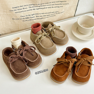 韩版儿童真皮豆豆鞋，秋冬英伦男童短靴，复古女童皮鞋宝宝磨砂皮单鞋
