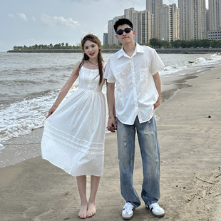 3ku夫妇设计感情侣装夏季韩版短袖衬衫男女，连衣裙长裙一裙一衣潮