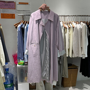 十三行女装2024粉紫色风衣外套，春秋英伦风，小个子宽松拼色大衣
