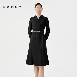 lancy朗姿秋季黑色，长袖羊毛裙子中长款职业气质西装连衣裙女