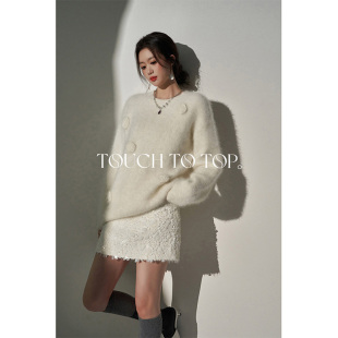 ttt设计款法式慵懒白色玫瑰毛衣女(毛衣女)冬季加厚柔软兔毛宽松百搭上衣