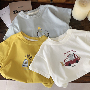 夏季儿童卡通印花短袖T恤女宝宝薄款凉感半袖衫黄色男童圆领汗衫
