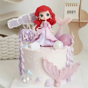 粉裙人鱼公主蛋糕装饰摆件美人鱼尾插牌海洋海星贝壳翻糖巧克力模