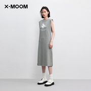 商场同款x--moom夏季剪影，印花无袖垫肩露背中长连衣裙女