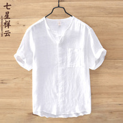 夏季短袖棉麻衬衫男士日系休闲立领宽松麻布，上衣白色薄款亚麻衬衣