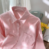韩系秋冬内搭打底衬衫女长袖，叠穿水洗纯棉麻，上衣奶浅蓝淡粉色