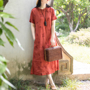 红色改良旗袍大码胖mm夏装2022年中式立领斜襟苎麻连衣裙长裙