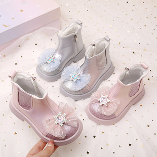 儿童皮靴女童冬季加绒保暖中筒靴爱莎公主，粉色蝴蝶结宝宝礼物