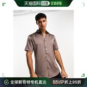 香港直邮潮奢 ASOS 男士设计紧身卷边袖子石板色灰色衬衫