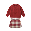 冬季女童新年红色麻花套头毛衣复古红格子半裙女宝春节年服针织衫