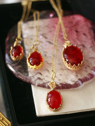 新年红稀有法式中古董高贵鸽血红复古老琉璃项链中古首饰进口回流