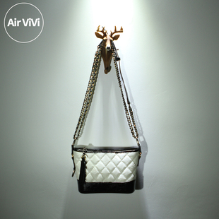 Airvivi-绒-链条包真皮女包黑白拼色小包 菱格包水桶包欧美时尚风
