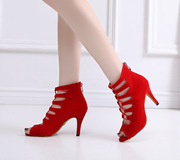 女式软底红色短靴，子鱼嘴高跟跳舞拉丁，舞鞋黑色舞蹈鞋系带透气