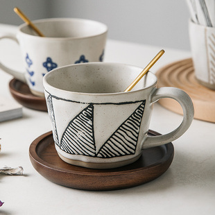 复古咖啡杯带勺子日式粗陶手工杯子陶瓷，马克杯创意宽口水杯家用