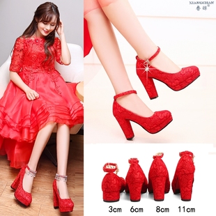 中式婚鞋女2020红色高跟鞋，中跟防水台粗跟结婚鞋子红鞋新娘鞋