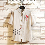 中国风夏季男士刺绣短袖，衬衫加大码棉麻衬衣，青年团服舞台演出服潮