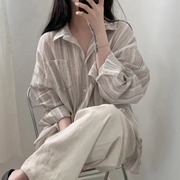 韩国chic春季法式复古慵懒风宽松休闲条纹衬衫长袖薄款防晒衫外套