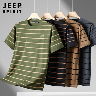jeep吉普短袖t恤男士夏季圆领宽松条纹体恤，2024休闲运动上衣