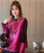 新中式复古国风禅意唐装，上衣玫红色，高端马甲打底衫两件式套装女秋