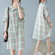 格子衬衫裙女短袖2023夏季韩版大码文艺，减龄气质中长款连衣裙