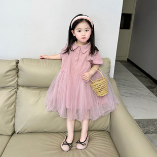 洋气夏装2-8岁女童连衣裙网纱裙宝宝公主裙纯色夏季短袖裙子