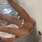 韩版s925银个性鳞片戒指女复古简约几何拼接开口指环气质潮食指戒