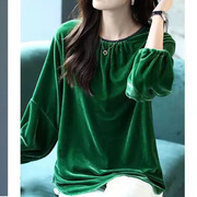 翡翠绿篇幅衫宽松时尚天鹅绒套头衫，女春秋蝙蝠衫上衣深绿色打底衫