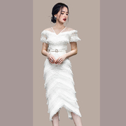 白色蕾丝连衣裙气质名媛风，高级感设计别致修身包臀长裙礼服夏显瘦