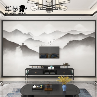 新中式影视墙壁纸水墨，山水墙布墙纸壁画客厅，沙发电视背景墙壁布