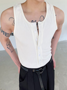 夏季个性型男紧身背心韩版系扣设计无袖男坎肩纯色针织汗背心透气