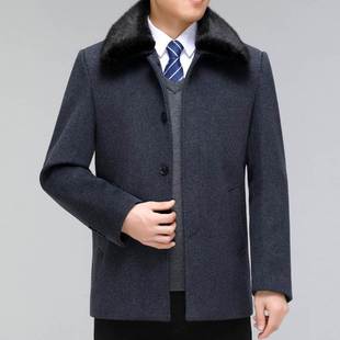 中老年羊绒领大衣男短款爸爸装带冬季加绒羊毛呢子风衣翻毛领外套