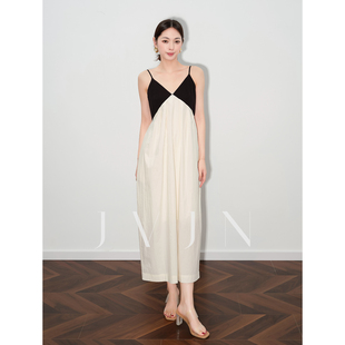 JVJN 黑白撞色解构感V领吊带长裙女夏季高级感法式气质连衣裙