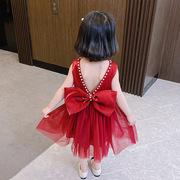 高端女童演出生日连衣裙，儿童大合唱红色蓬蓬，纱裙露背礼服公主裙子