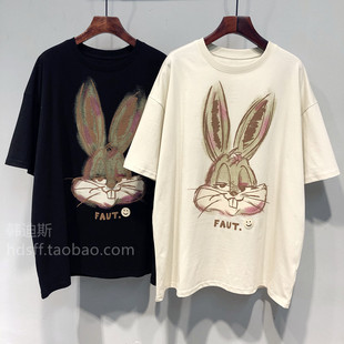 欧货趣味卡通兔子图案短袖T恤女2023春夏设计感小众宽松半袖上衣