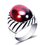 时尚钛钢男款戒指复古中东潮男红黑宝石，指环钛钢戒指指环