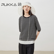 蒲PUKKA 春夏长绒棉经典条纹针织圆领显瘦短袖拼接T恤衫