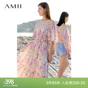 amii2024夏度假(夏度假)风，方领一字领泡泡袖束腰，大a裙摆碎花连衣裙